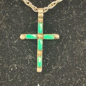 Vintage Antique Silver and Turquoise Cross Pendant Necklace